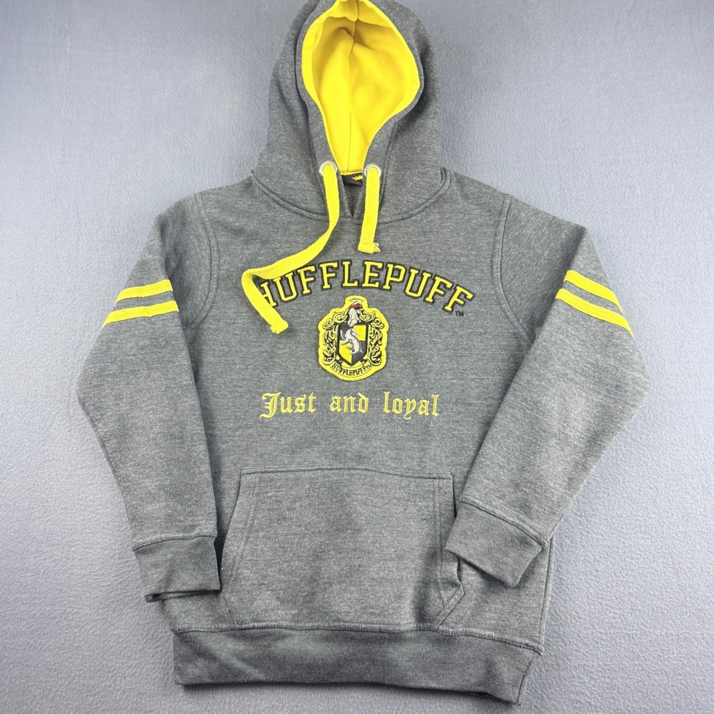 Harry Potter Hoodie Mens S Gray Hufflepuff Just and Loyal Graphic Pullover Sweat